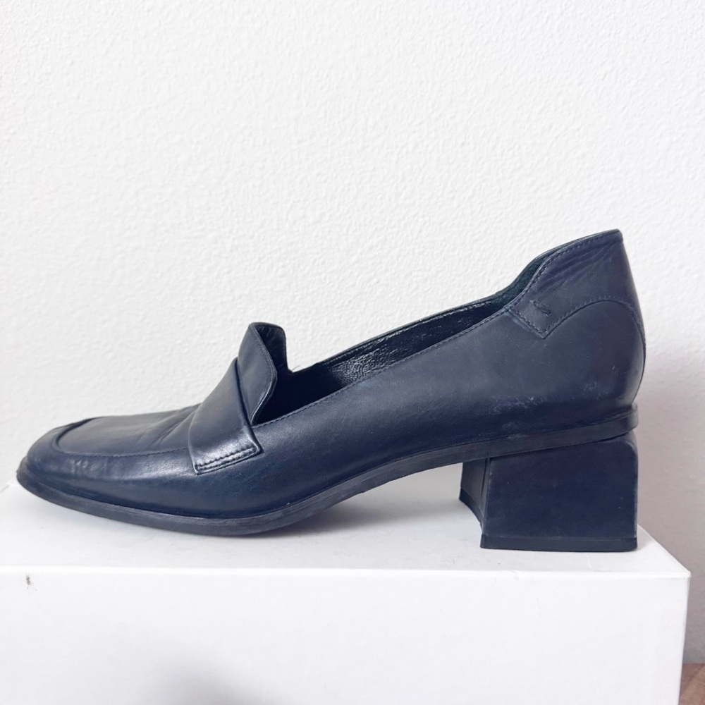 Martinez Valero Dark Navy Leather Block Heel Loafers - Picture 2 of 12
